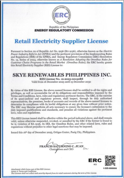 ERC Retail Electricity Supplier License — Skye Renewables Philippines Inc.